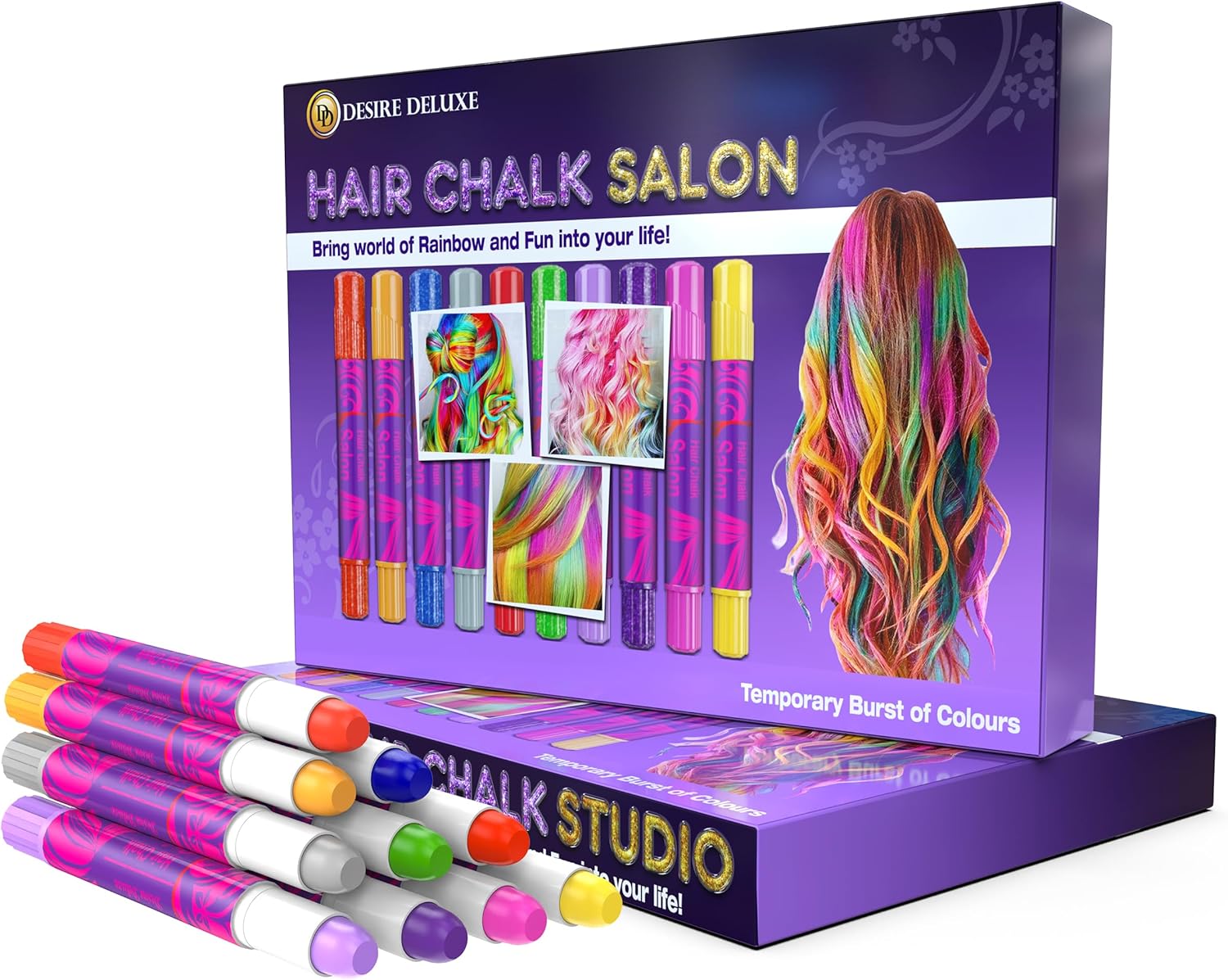 Desire Deluxe - Girls Gifts Hair Chalk 10 Temporary Non-Toxic Easy Washable Hair Dye Colourful Pens
