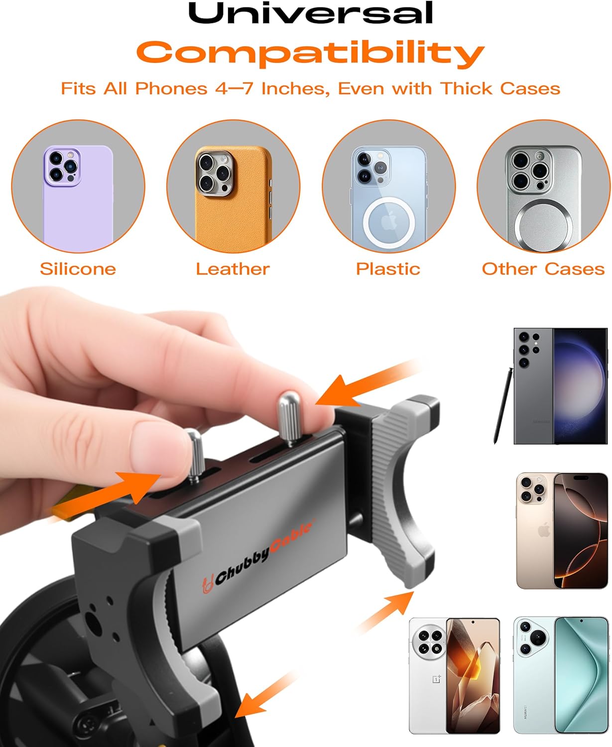 chubbycable ChubbyGrip Pro Dash Mount Premium Metal Knobs Phone Holders for Your Car 360° Rotation Suction Cup Phone Mount for Windshield, Clamp, Orange - Image 6