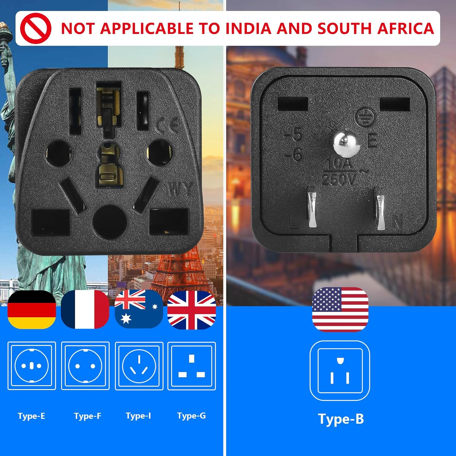 4 Pack UK to US Plug Travel Adapter, Universal to American Plug Adapter, European to US Plug Adapter, Adapter EU,AU,Italy,Brazil to US Travel Plug 3 Prong Adapter Black - Image 3