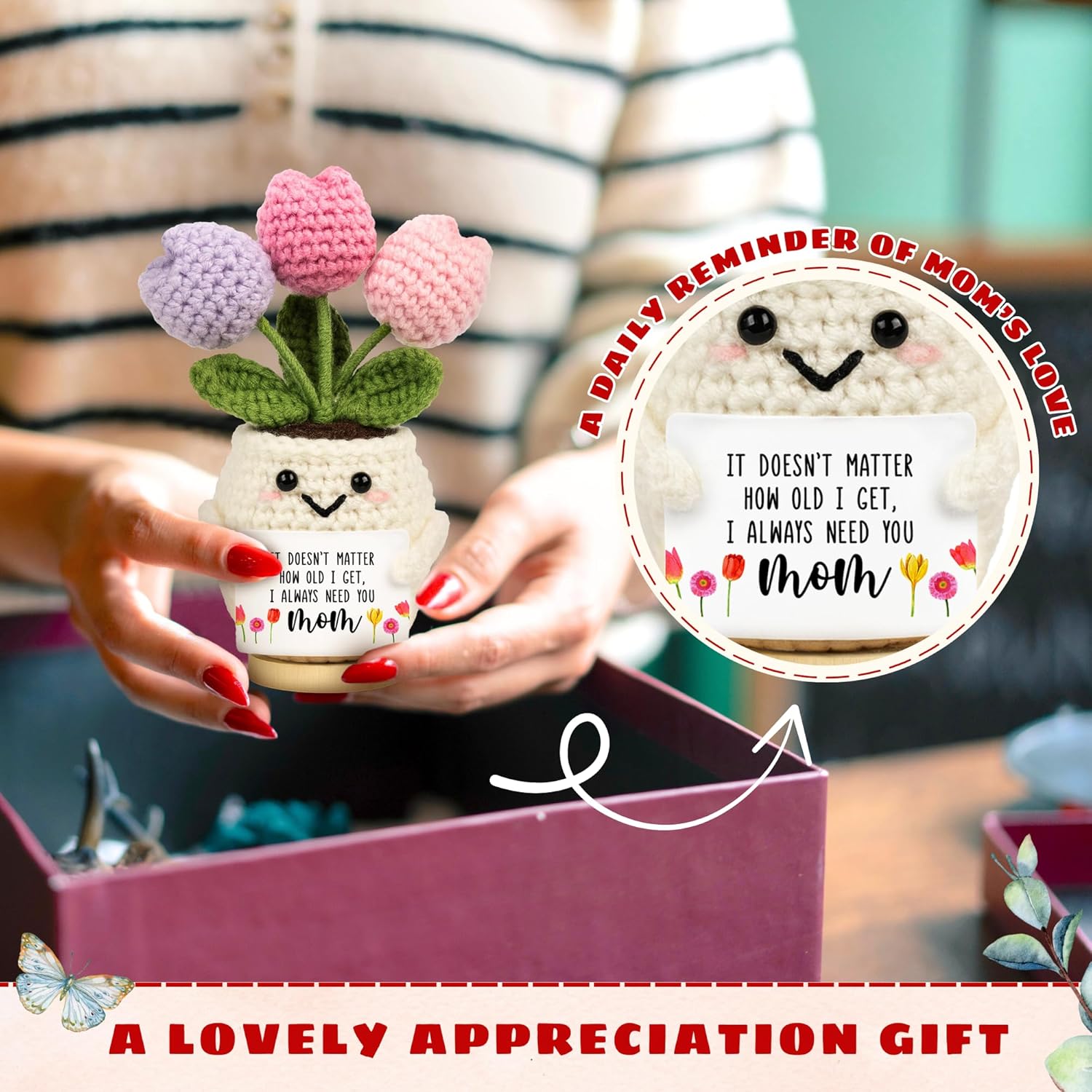 Gifts for Mom from Daughter Son - Cute Mothers Day, Birthday Gifts for Moms, Mother, Mama - 5.51'' x 4.13'' Mother's Day Knitted Positive Tulip Flowers Mom Crochet Doll - Image 5