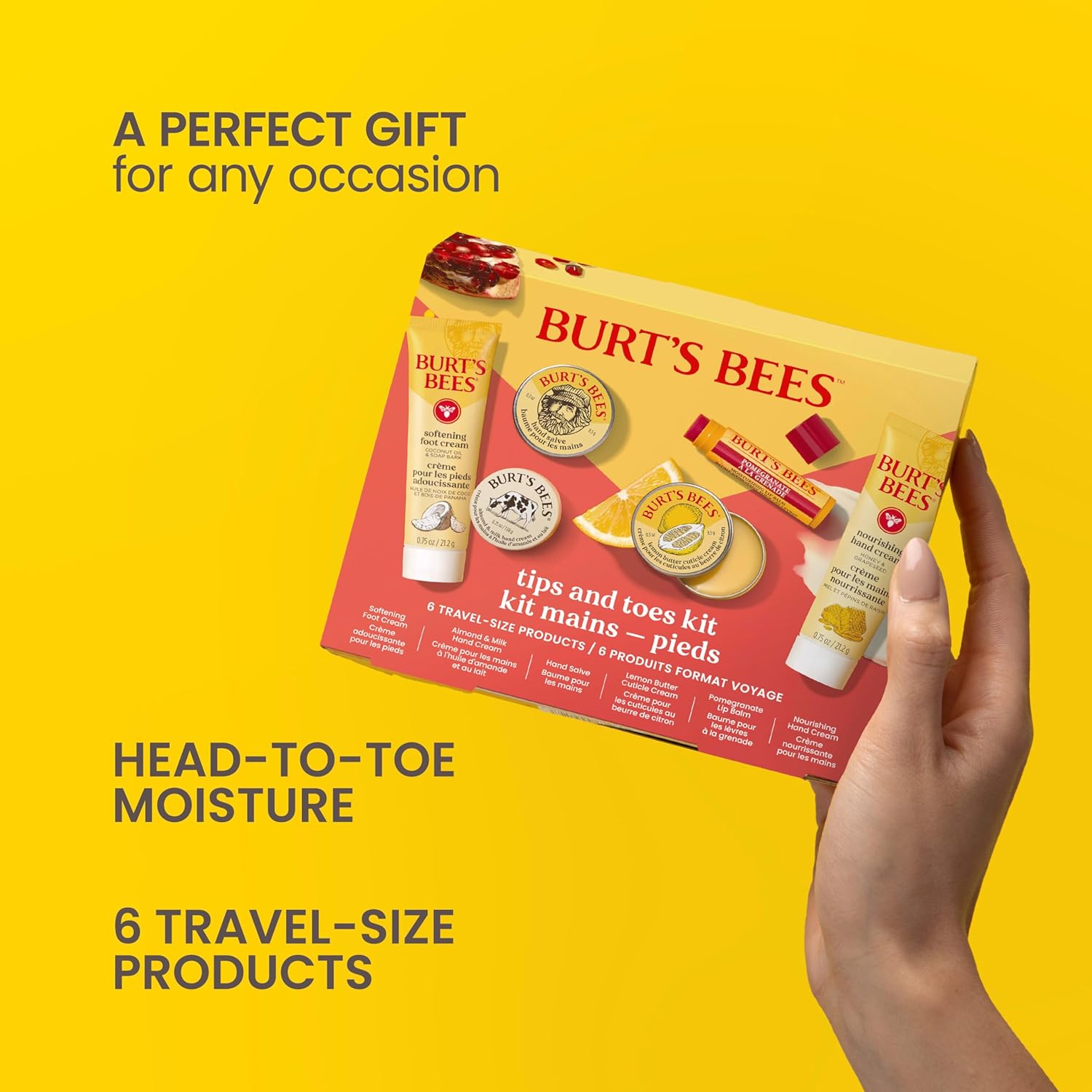 Burt's Bees Gifts Ideas, Tips and Toes Kit, 6 Travel Size Products - Pomegranate Moisturizing Lip Balm, 2 Hand Creams, Foot Cream, Cuticle Cream, and Hand Salve - Image 4