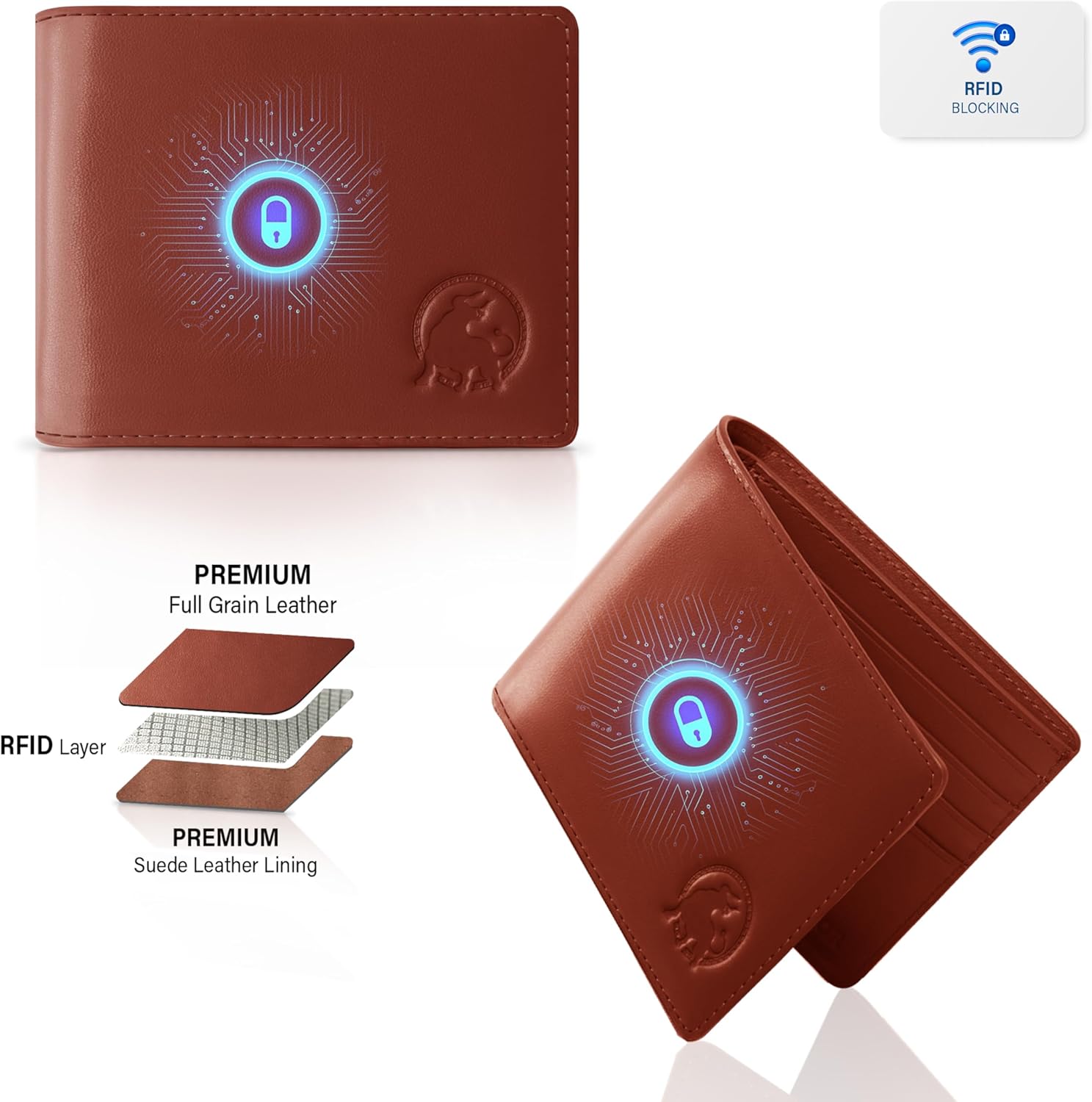 Full-Grain Leather Wallet for Men, Minimalist Slim Mens Bifold RFID Blocking Wallet with Cash Pocket, 8 Card Slots (Cognac Brown) - Image 6