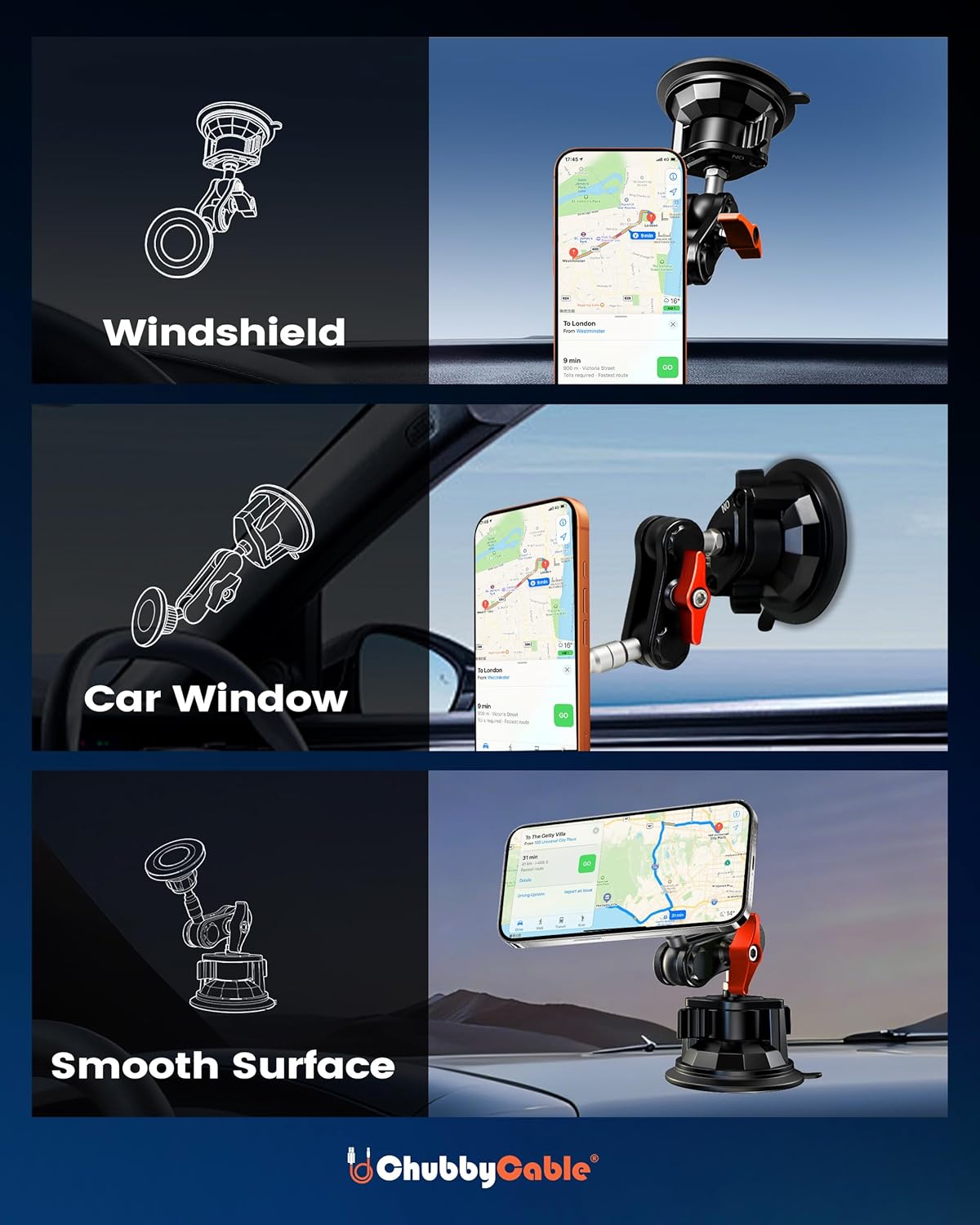 chubbycable ChubbyGrip Pro Dash Mount Vacuum Magnetic Phone Holders for Your Car 360° Rotation Suction Cup Phone Mount for Windshield, Magnetic, Orange - Image 2