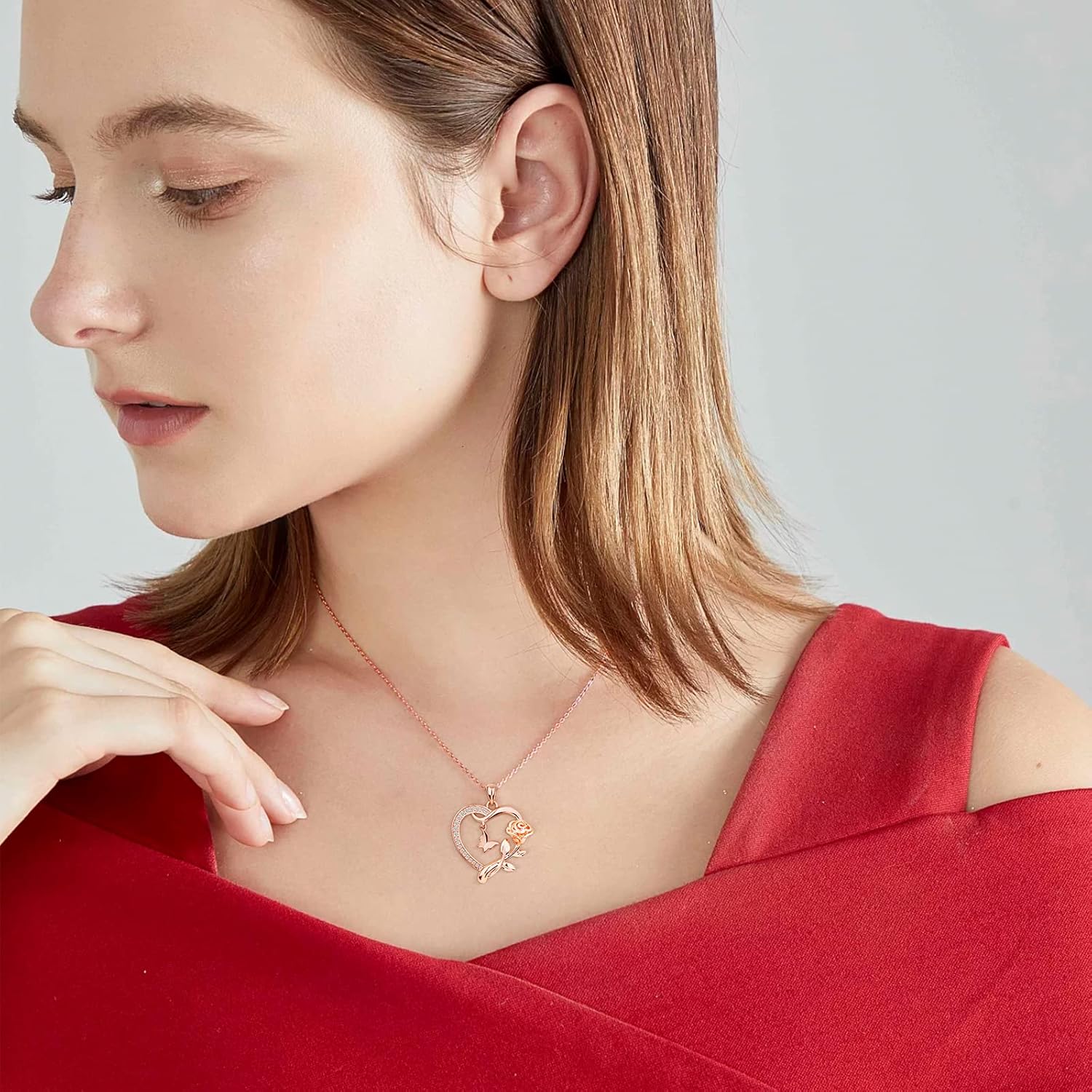 Heart Necklace for Women Sterling Silver/14k Gold Plated/Rose Gold CZ Romantic Rose and Butterfly Jewelry for women Birthday Valentine's Day Gift for Girls - Image 7