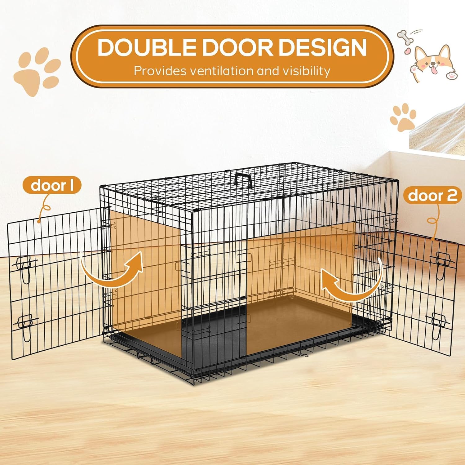 Dog Crate - Medium 36 Inch Double Door Portable Dog Cage, Metal Wire Pet Kennel with Secure Lock, Leak-Proof Pan Tray, Foldable Design for Dogs Pets Indoor Training and Outdoor Trave - Image 3