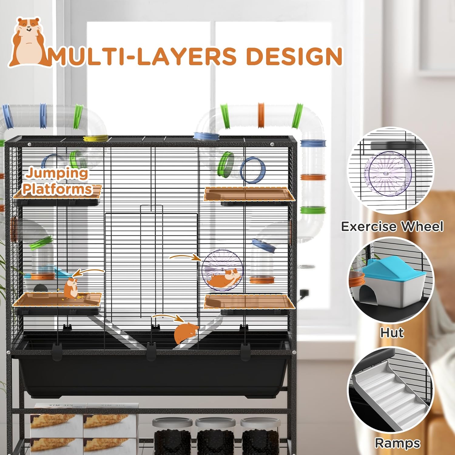 PawHut 32" Large Hamster Cage with Storage Shelf, Rat Cage for Syrian Hamster, Gerbils, with Tubes, Running Wheel, Food Dish, Water Bottle - Image 4
