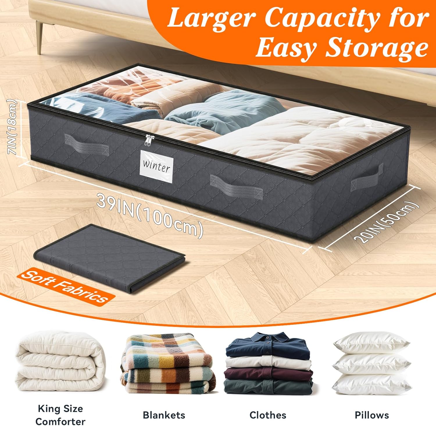 SpaceWhisper 90L Under Bed Storage Containers, 4-Pack Storage Bins with Clear Top, Foldable Closet Organizers and Storage with Label Holder for Clothing, Blankets, Comforter & Pillows (Grey) - Image 2