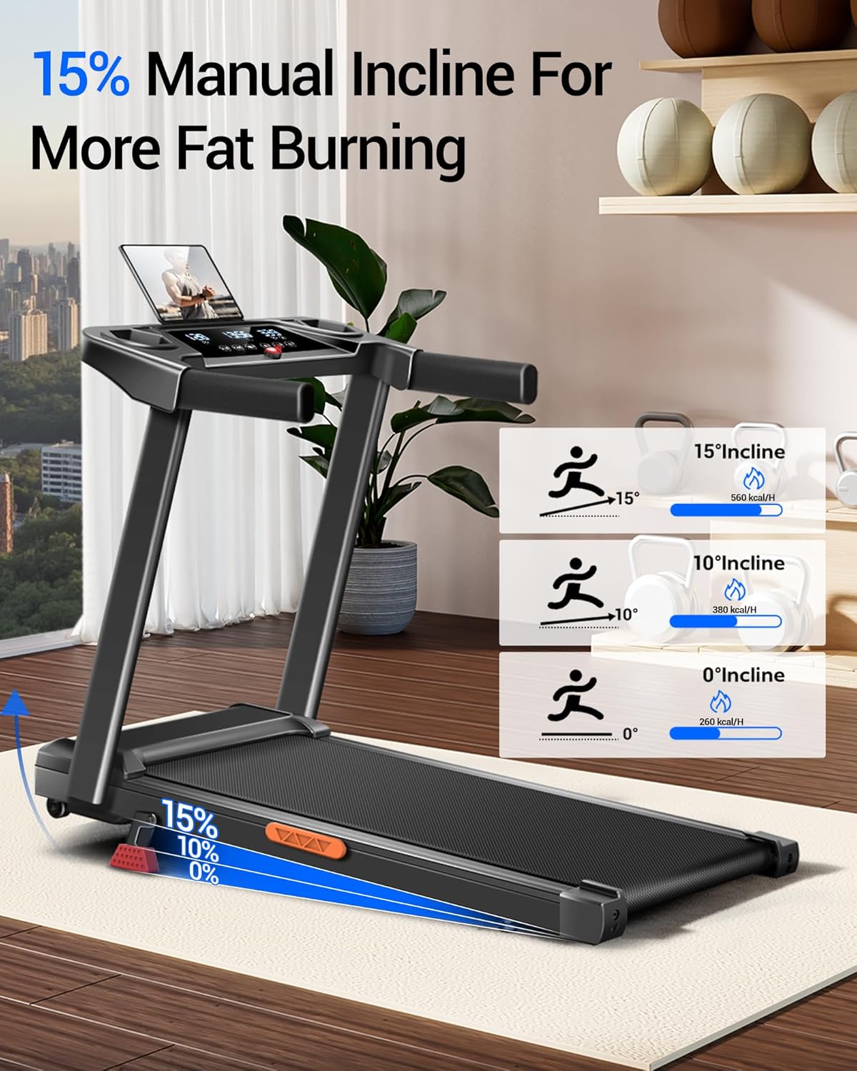 Treadmill with 15% Incline, 3-in-1 Portable Treadmills for Home and Office, Foldable Treadmill with Handles, 3.0HP Quiet Brushless Walking Pad Treadmill with Triple Display,300 LBS Weight Capacity - Image 2