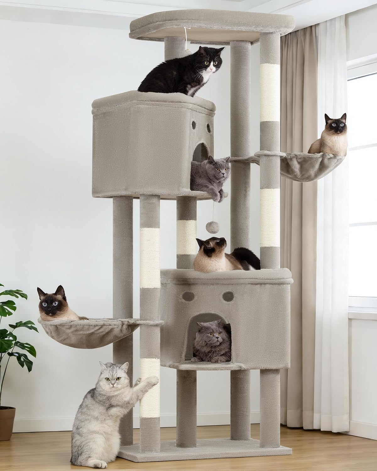 Extra Large Cat Tree, 84 Inch XXL Giant Cat Tower for Indoor Cats Large Adult 20lb+, Multi-Level Cat Climbing Condo with 5 Scratching Posts, 3 Wide Platform Perches, 2 Baskets, 2 Cat Caves, Light Grey