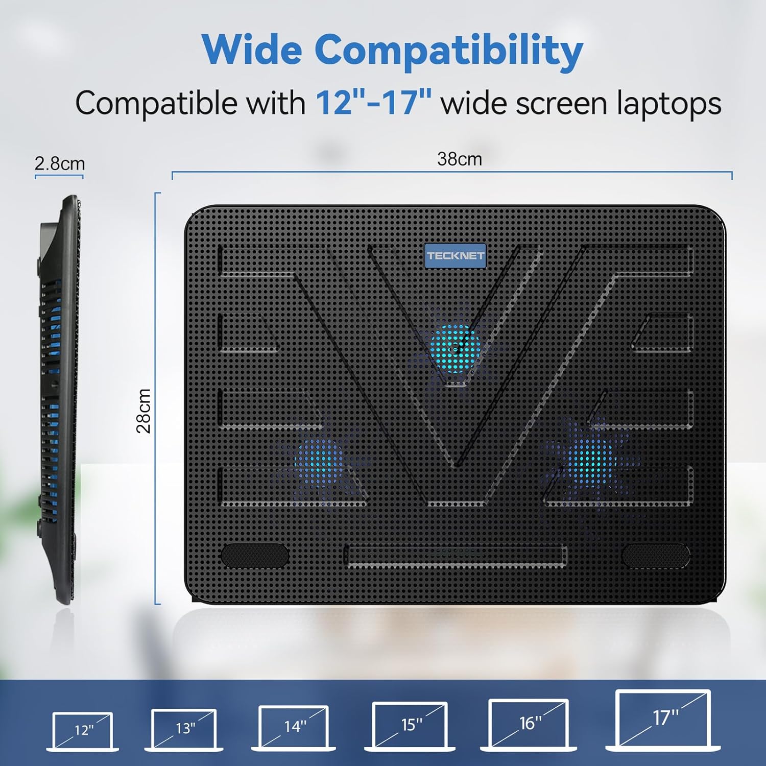 TECKNET Laptop Cooling Pad, Portable Slim Quiet USB Powered Laptop Notebook Cooler Cooling Pad Stand Chill Mat with 3 Blue LED Fans, Fits 12-17 Inches (Black) - Image 6
