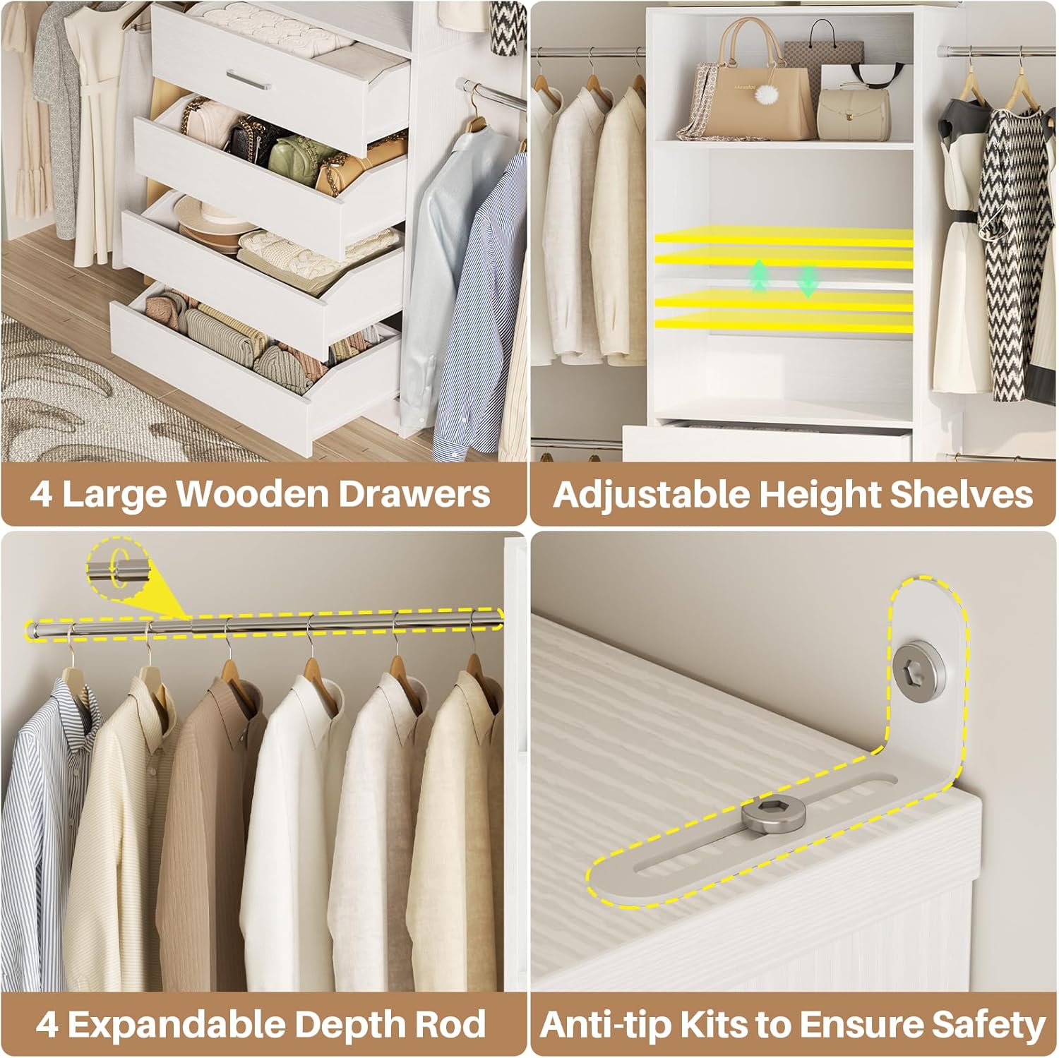 Aheaplus Closet System, 4-9Ft Closet Organizer with 4 Wooden Drawers, Wood Closet Organizer System with Tower, Walk-in Closet Organizer Wardrobe Clothes Rack with 4 Hanging Rods, Garment Rack, White - Image 3