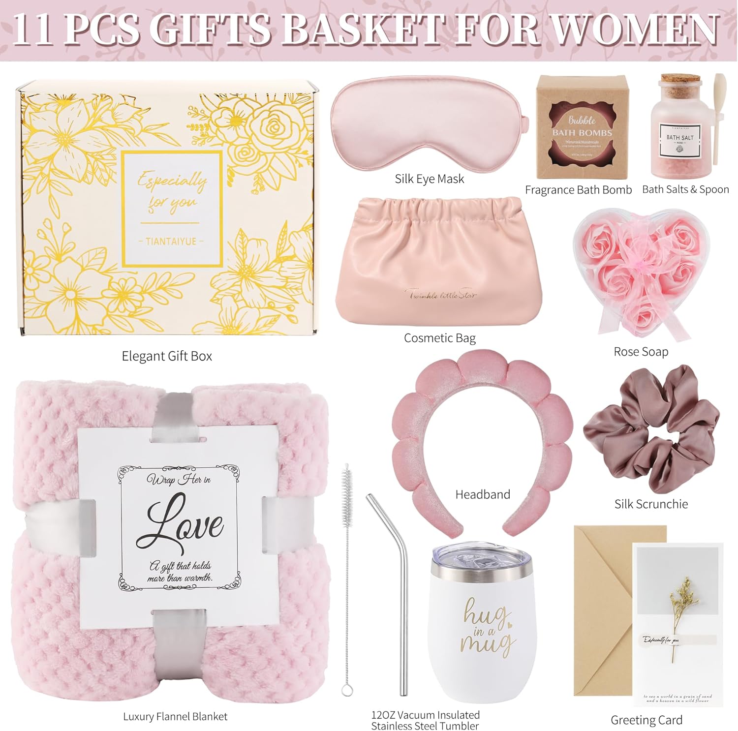 Pink 11pcs Self Care Gift Basket for Women Birthday Gifts Get Well Soon Care Package Hug in a Box Thinking of You Gift for Her Mom Sister Friend - Image 2