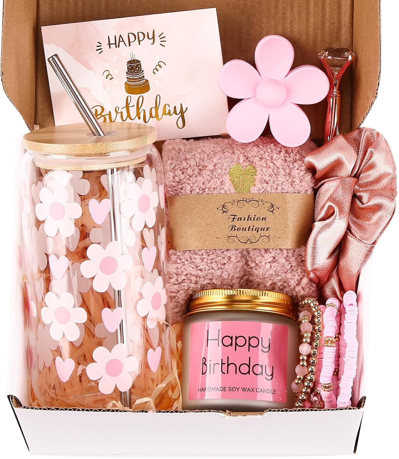 DHQH Birthday Gifts for Teen, Cute Inspirational Gift Daisy Presents Set Ideas for Sister Daughter Friends, Happy Birthday Gift Basket with Ice Glass Cup for Her (Pink)