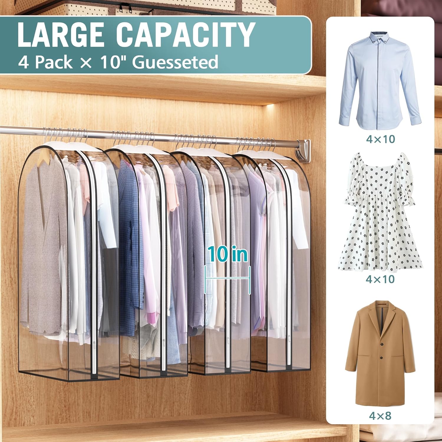 Clear Garment Bags for Hanging Clothes 10” Gusseted, Suit Bags for Closet Storage, Hanging Plastic Clothes Cover for Coat, Dress, Fur, Shirt, 4 Pack, 40” Long - Image 2
