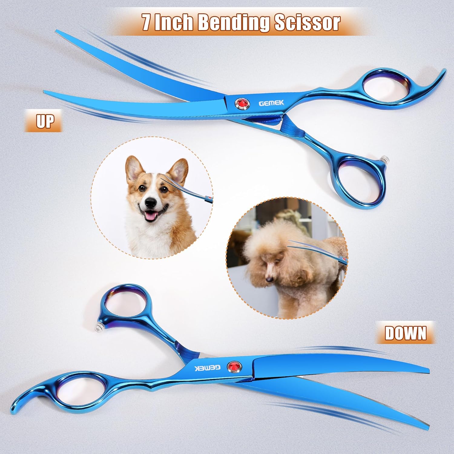 7.0in Titanium Professional Pet Grooming Scissors Set, GEMEK 6 in 1 Straight & Thinning & Upwards Curved & Downwards Curved Scissors & Comb for Dogs, Cats (Blue) - Image 5