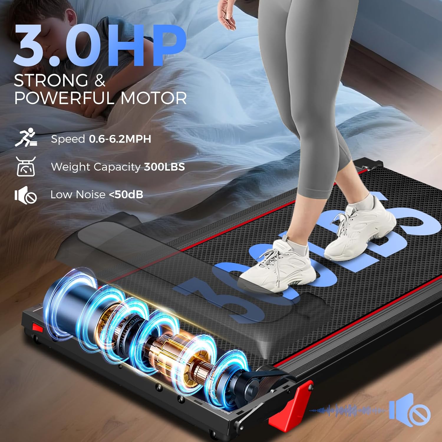 Treadmill with Incline 3-in-1 Portable Treadmills for Home Small, Incline Walking Pad Treadmill with Handle Bar, Walking Pad Foldable with 3.0HP Quiet Brushless, LED Dispay, 300LBS Capacity Black - Image 7
