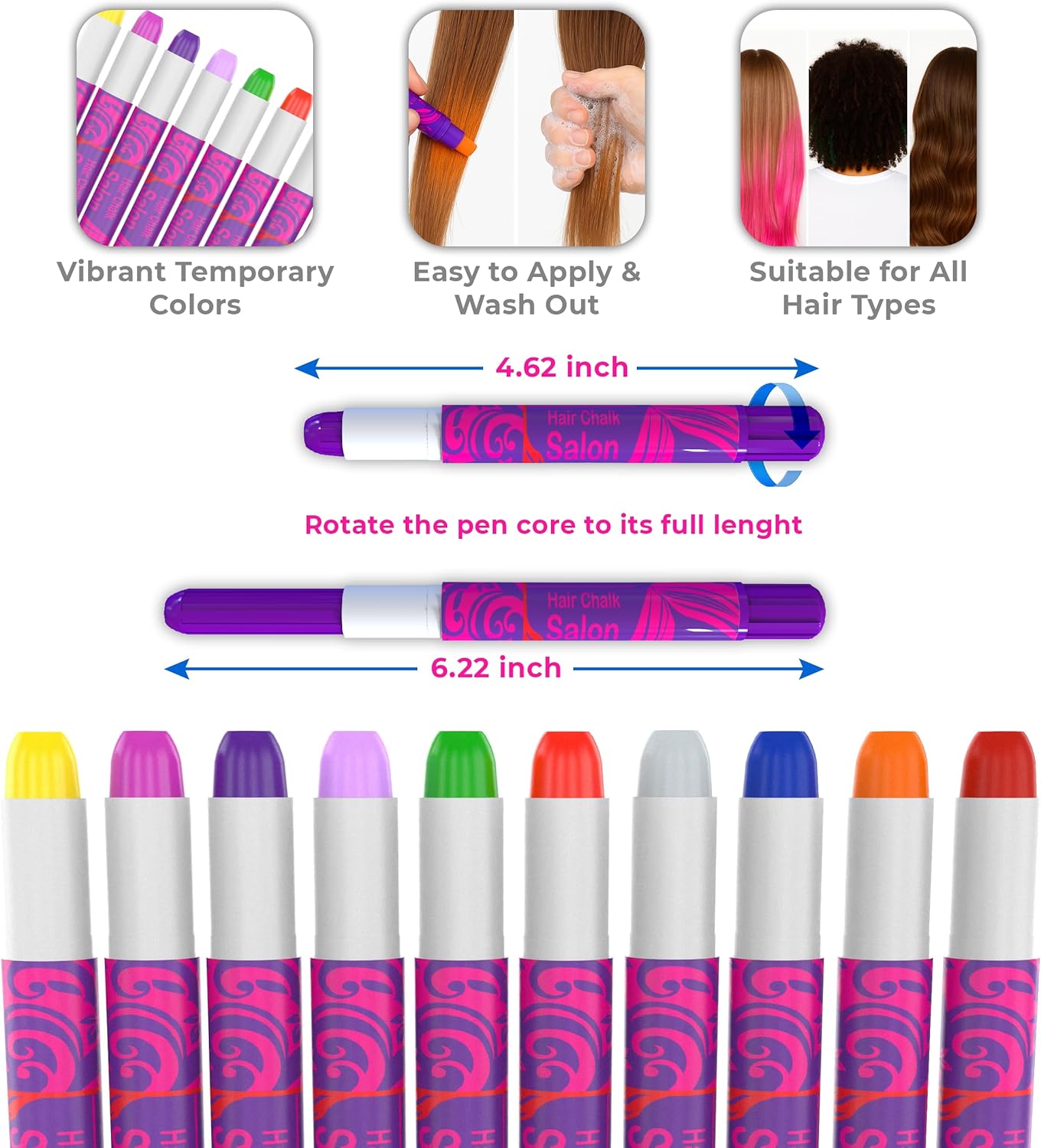 Desire Deluxe - Girls Gifts Hair Chalk 10 Temporary Non-Toxic Easy Washable Hair Dye Colourful Pens - Image 3