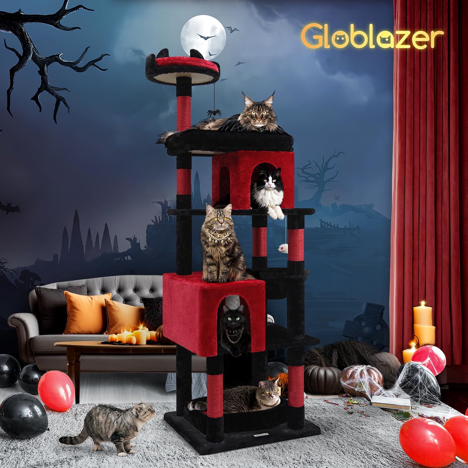 Globlazer Heavy Duty Gothic Cat Tree, 72in Large Cat Tower with Coffin Bed, Sturdy Maine Coon Cat Tree for Large Cats 20 lbs+, Medieval Castle Style with 6 Scratching Posts & Hammock, S72, Black & Red - Image 7