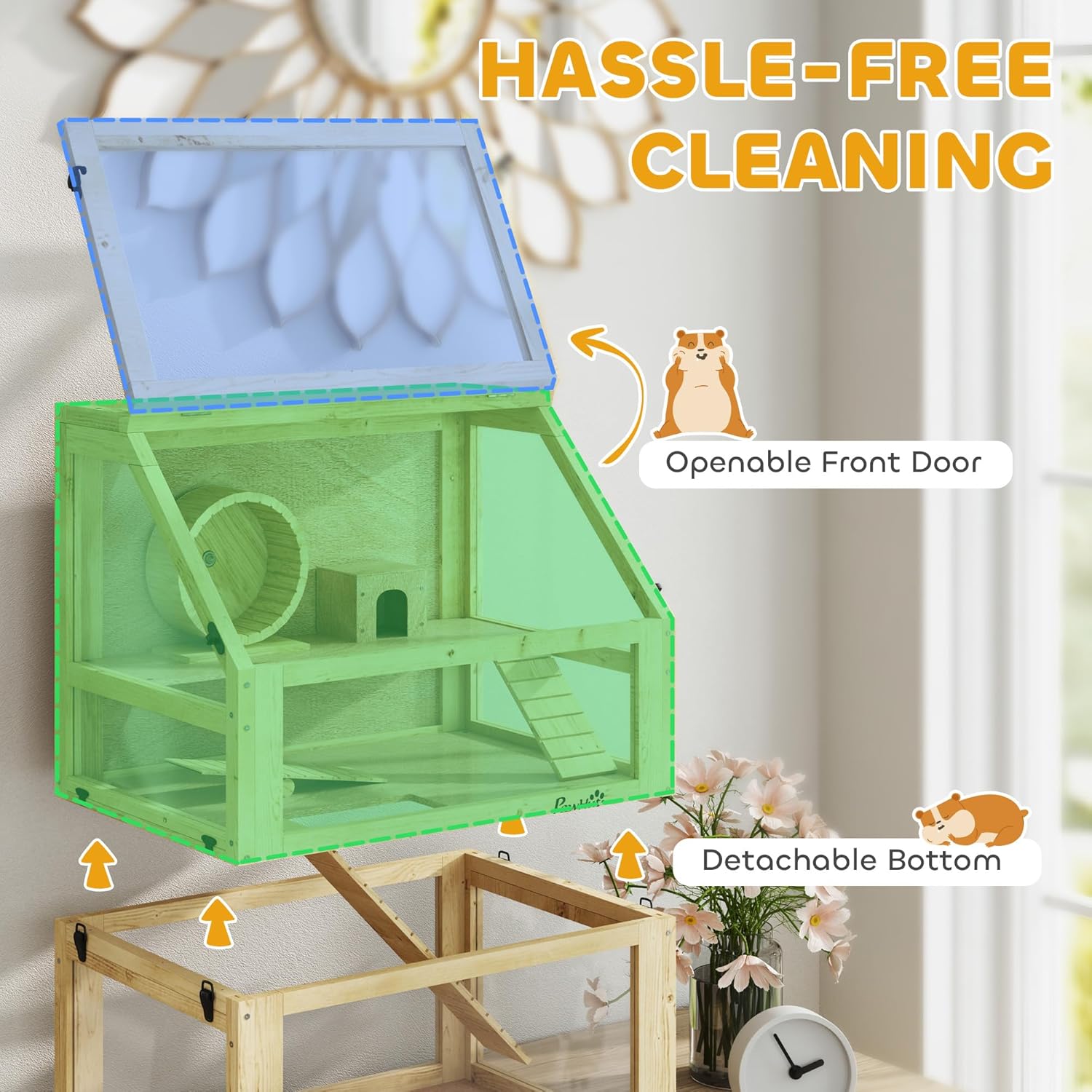 PawHut Wooden Hamster Cage, 3 Tier Small Animal Cage with Detachable 12.6" Deep Bottom, Hut, Seesaw, Exercise Wheel, Ramps, Hamster Habitat for Dwarf, Gerbil, 24" x 16" x 29.5" - Image 5