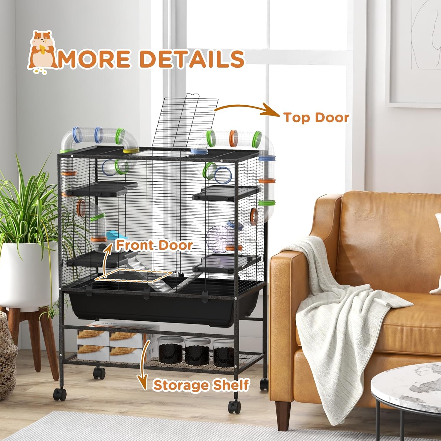 PawHut 32" Large Hamster Cage with Storage Shelf, Rat Cage for Syrian Hamster, Gerbils, with Tubes, Running Wheel, Food Dish, Water Bottle - Image 8