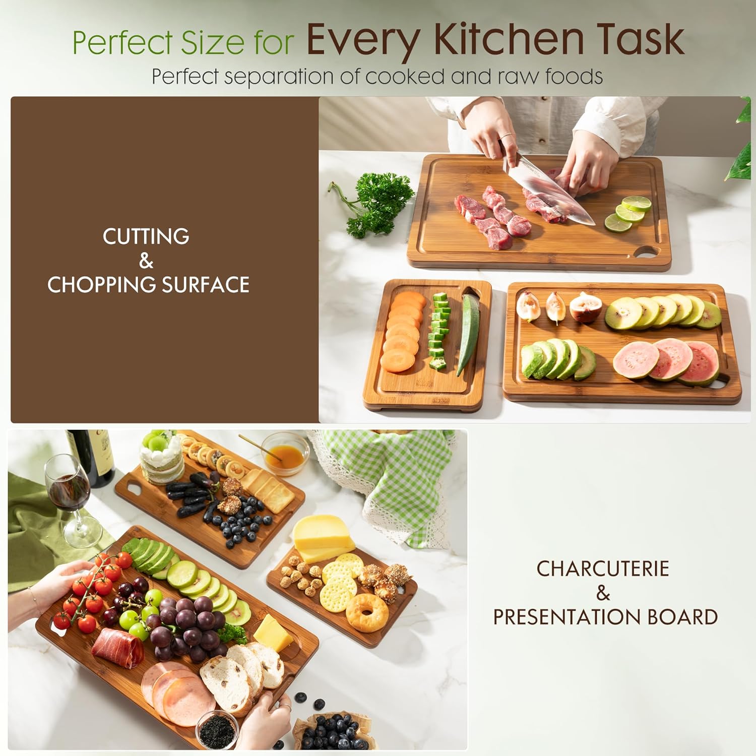 Astercook Deep-Carbonized Bamboo Cutting Boards for Kitchen with Wood Storage Stand, Reversible Charcuterie & Chopping Boards with Juice Grooves and Easy-Grip Handles, Knife-Friendly, Kitchen Gift - Image 2