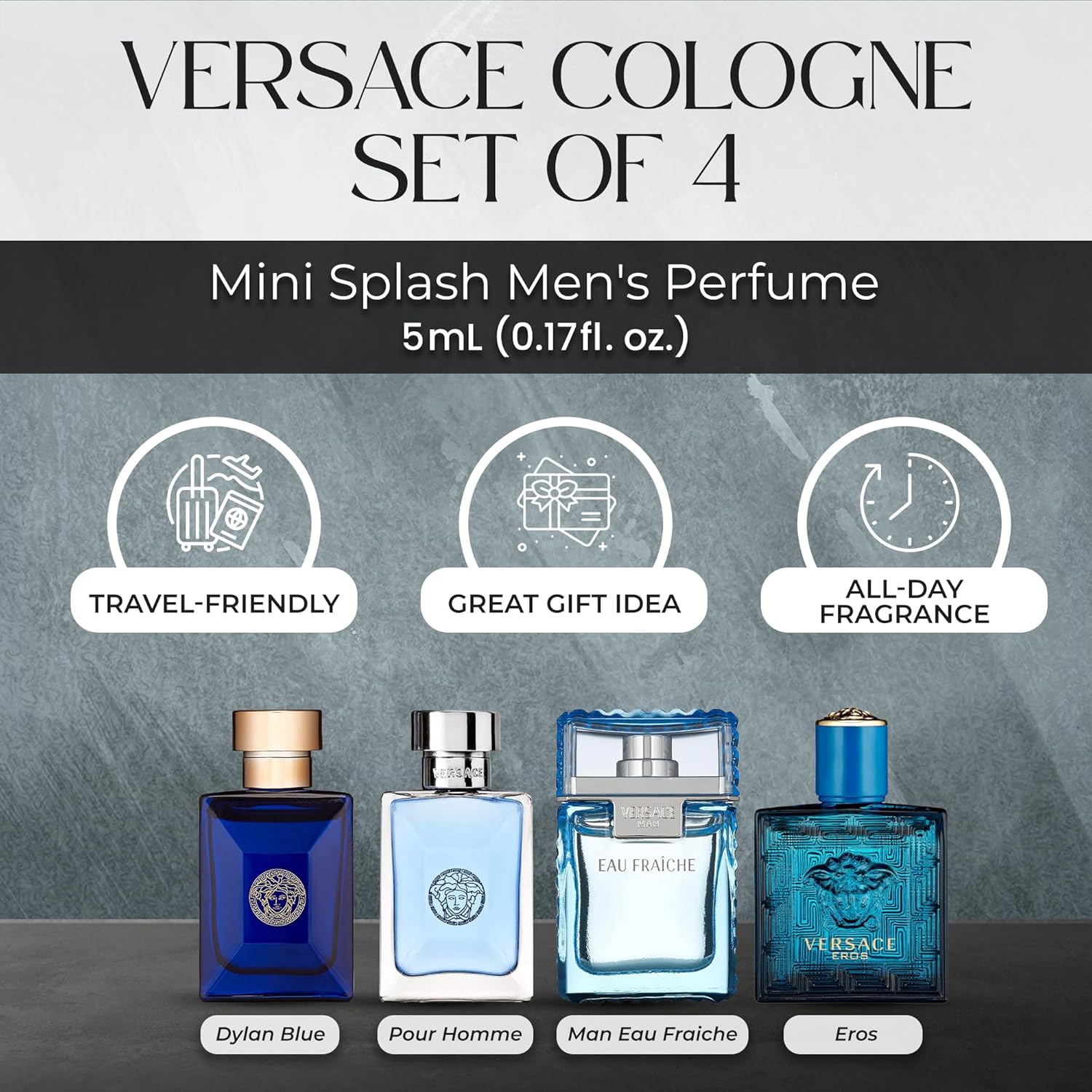 Versace Cologne for Men Set of 4 Mini Eros, Pour Homme, Dylan Blue, Eau Fraiche Perfume for Men Fragrance Sampler Set - Designer Mens Cologne Samples (4 Count, 0.17 oz) - Image 2