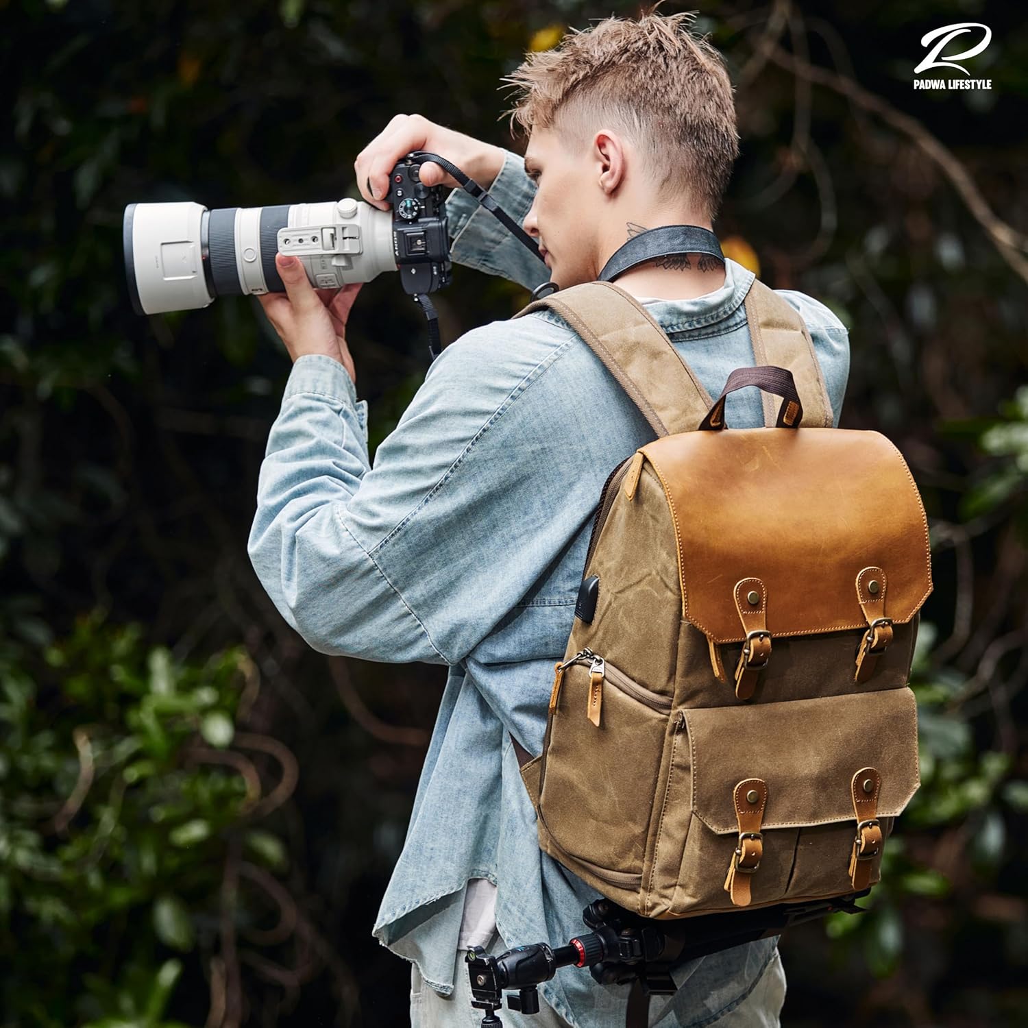 Padwa Lifestyle Khaki Camera Backpack - Waxed Memory Canvas Camera Bag, Multi DSLR SLR Large Camera Backpacks for Photographers with 16” Laptop & Lens Compartment and Tripod Holder & Weather Resistant - Image 2