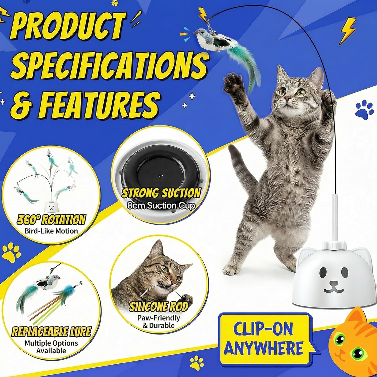 Interactive Cat Toys for Indoor Cats - Automatic Flying Bird Feather Toy, USB Rechargeable Electric Cat Teaser with Sticky Suction Base, Smart Motion Activated Self-Play Enrichment Toy for Bored Cats - Image 3