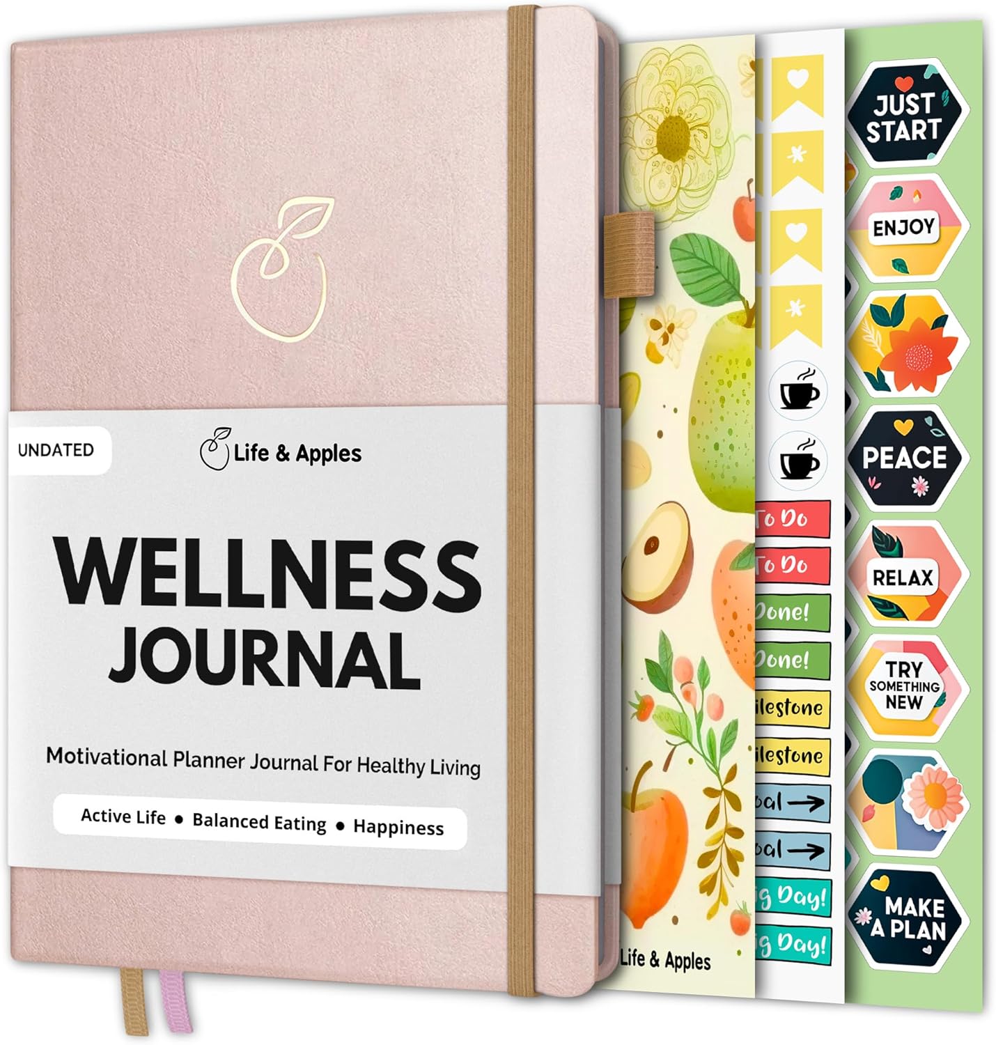 Life & Apples Wellness Planner - Food Journal and Fitness Diary with Daily Gratitude and Meal Planner for Healthy Living and Self-Care - Track Weight Loss Diet and Health Goals - Undated, Rose Gold