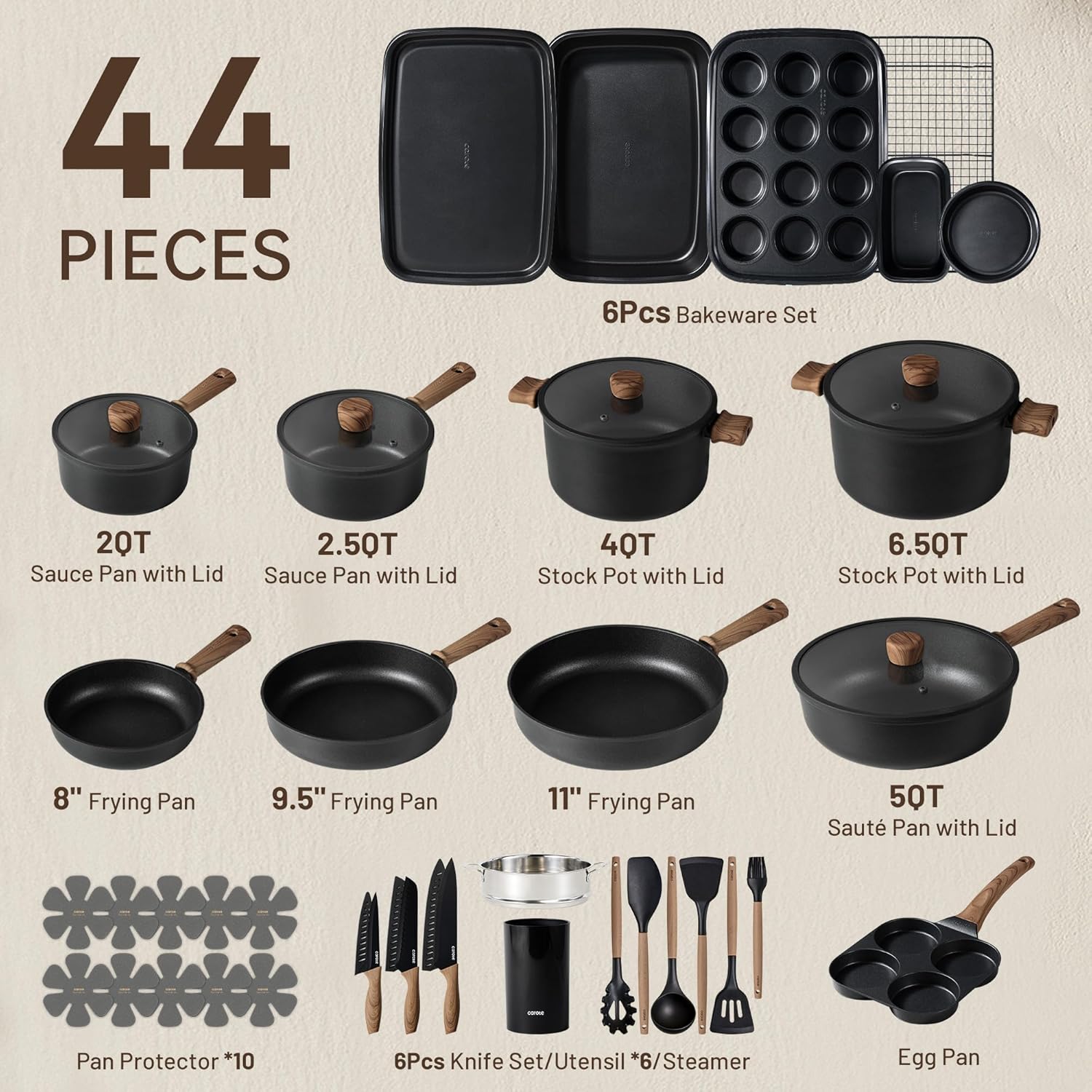 CAROTE 44pcs Nonstick Kitchen Titanium Cookware Sets, Nonstick Pots and Pans, Induction Cookware Set Kitchen Cooking Sets, Non Stick w/Frying Pan,Black - Image 2