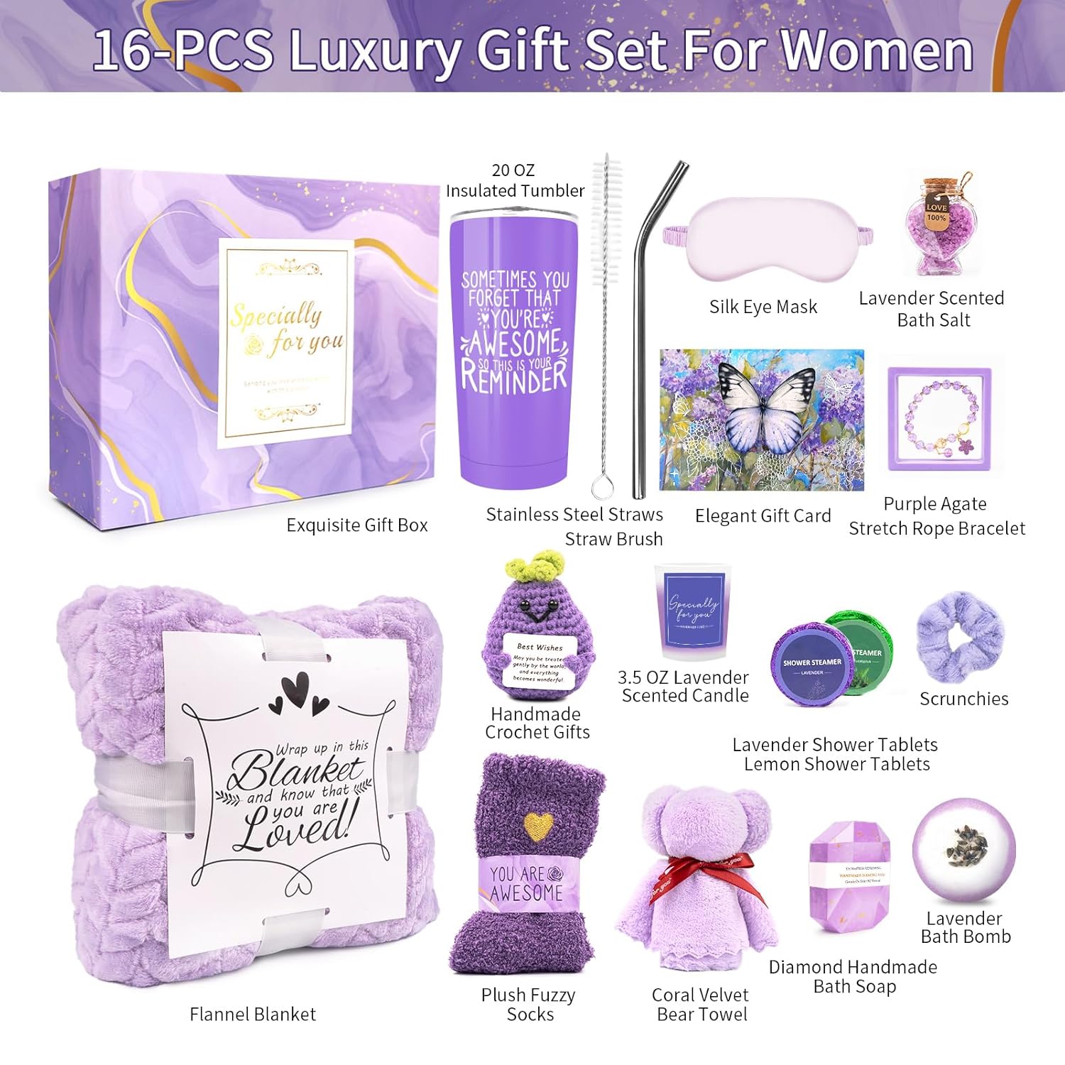 Spa Gifts for Women, Lavender 16 Pcs Valentines Day Gifts for Her Girlfriend Wife Daughter Sister, Self Care Gift Baskets for Women, Thank You, Get Well, Sympathy Inspirational Care Package Spa Basket - Image 2
