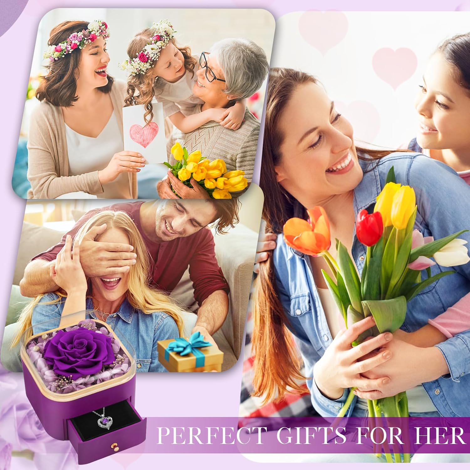 Beferr Gifts for Mom Preserved Real Rose with Necklace Eternal Roses Fresh Flowers for Delivery Prime Birthday Anniversary Purple Gifts for Women Mothers Grandma Wife Daughter Girlfriend Sister - Image 6