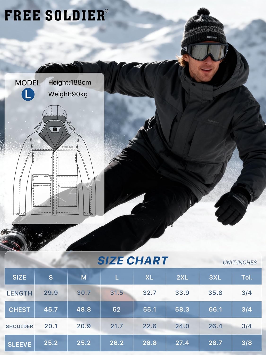 FREE SOLDIER Men's Waterproof Ski Jacket Fleece Lined Warm Winter Snow Coat with Hood Fully Taped Seams - Image 8