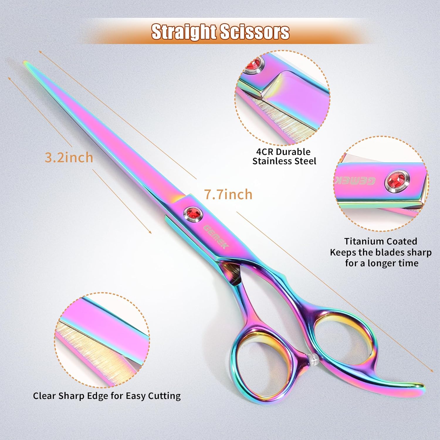 7.0in Titanium Professional Pet Grooming Scissors Set, GEMEK 6 in 1 Straight & Thinning & Upwards Curved & Downwards Curved Scissors & Comb for Dogs, Cats (Rainbow) - Image 4