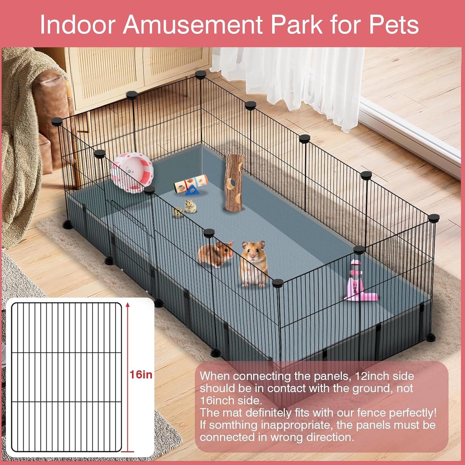 12 Panels Small Animal Playpen, 48" x 24" x 16" Pet Playpen with Waterproof Mat, C&C Cage for Guinea Pigs, Puppy Play Pen, Bunny Playpen, Indoor Outdoor Portable Metal Wire Yard Fence - Image 4