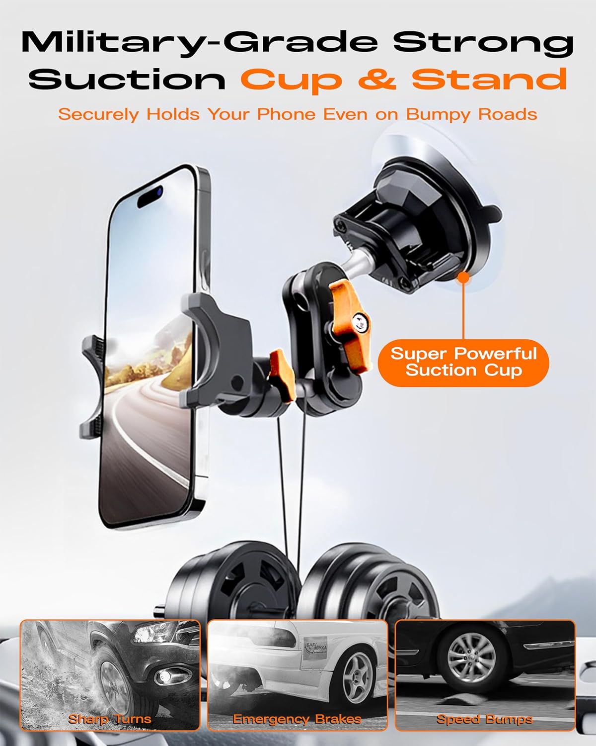 chubbycable ChubbyGrip Pro Dash Mount Premium Metal Knobs Phone Holders for Your Car 360° Rotation Suction Cup Phone Mount for Windshield, Clamp, Orange - Image 3