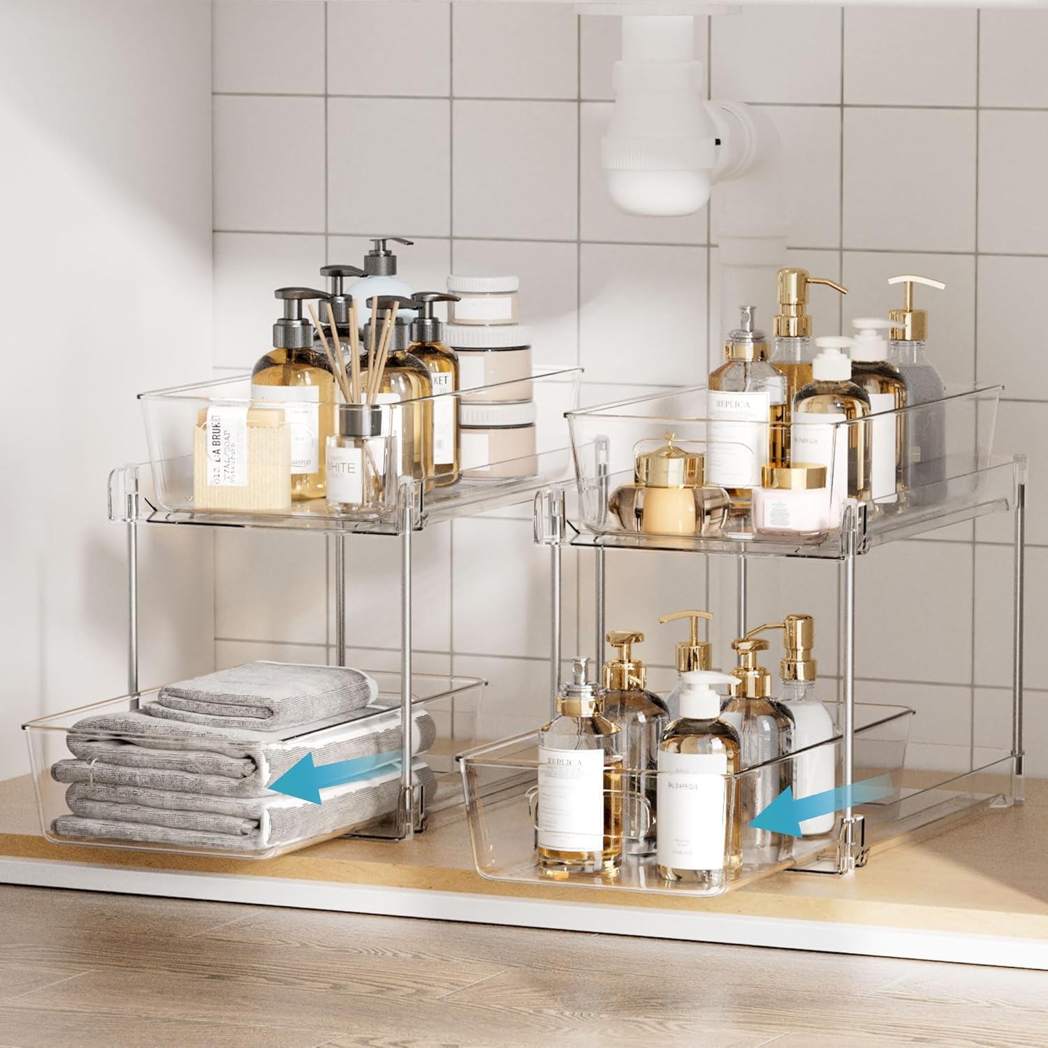 Vtopmart 4 Pack Bathroom Organizer, 2 Tier Clear Under Sink Organizers Vanity Countertop Storage Container,Cabinet Drawers Bins, Pull-Out Organization with Track for Pantry, Kitchen - Image 4