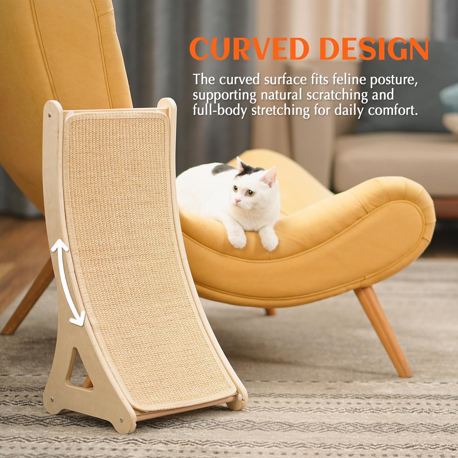 PETKARAY Curved Cat Scratcher, Sisal Kitty Scratching Ramp, L Shape Scratch Pad for Indoor Cats, 25.6" Furniture Protector with Mouse Toy - Image 4