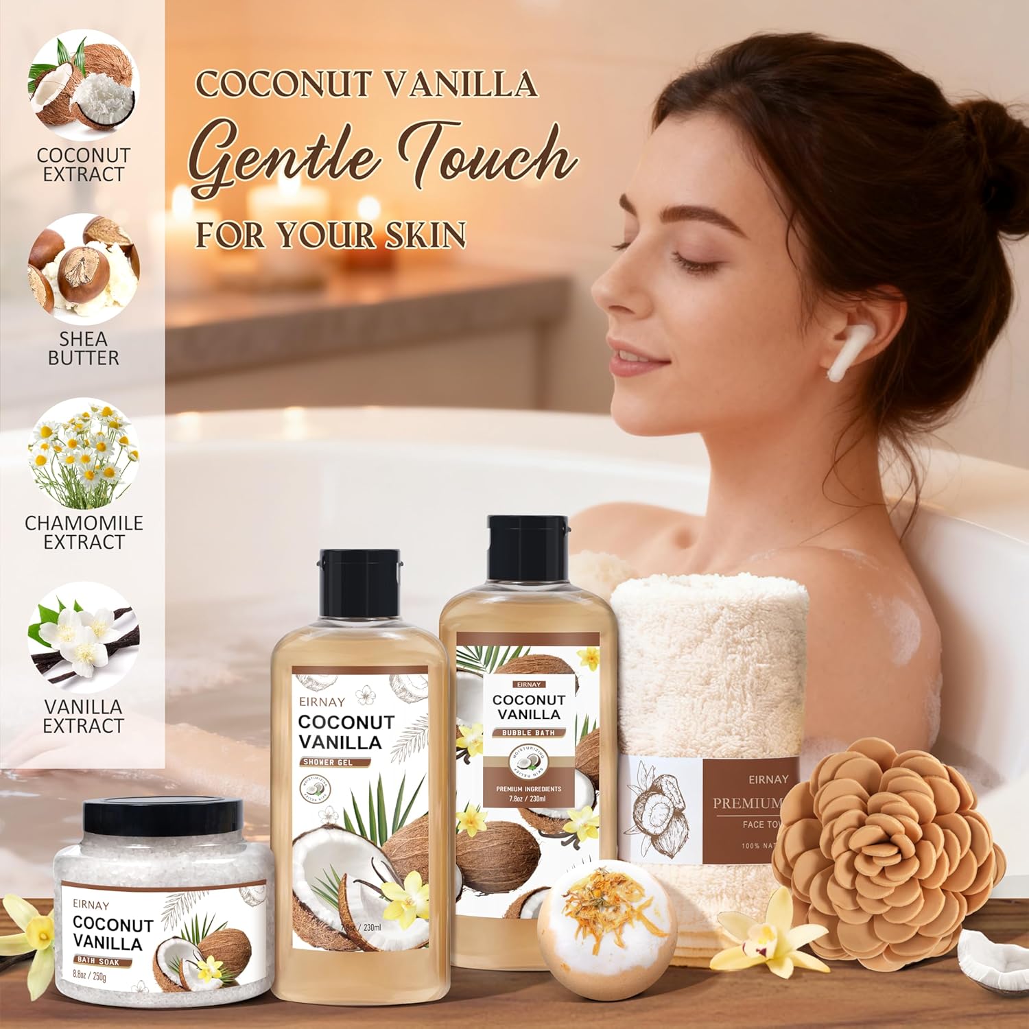 Christmas Gifts For Women - 16 PCS Birthday Gift Basket for Women Set of Coconut Vanilla Self Pampering Set, Includes Luxurious Home Spa Shower Gel Bubble Bath - Image 3