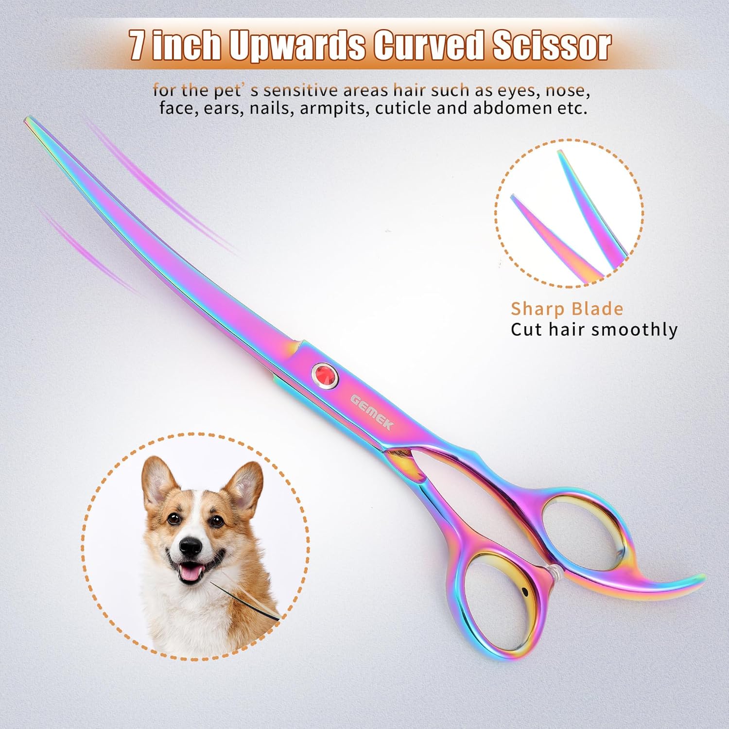 7.0in Titanium Professional Pet Grooming Scissors Set, GEMEK 6 in 1 Straight & Thinning & Upwards Curved & Downwards Curved Scissors & Comb for Dogs, Cats (Rainbow) - Image 8