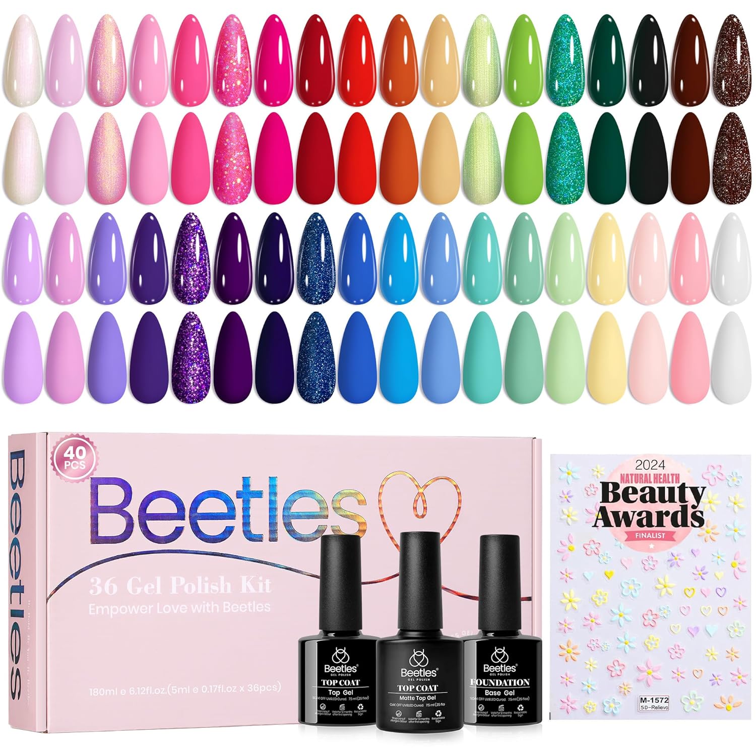 beetles Spring Gel Nail Polish Set - 36 Colors Verse of Flower Gel Nail Kit Pink White Black Red Purple Blue Yellow Gel Colors & 3Pcs Base Top Coat Soak off UV Home Salon Easter Gift for Women