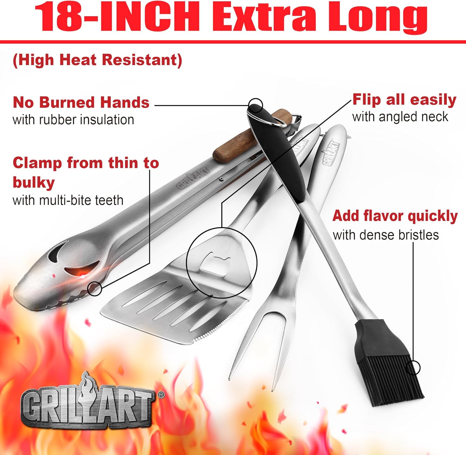 GRILLART BBQ Tools Grill Tools Set -18Inch Grilling Tools BBQ Set - Grill Accessories w/BBQ Tongs, Spatula, Fork, Brush- Stainless Grill Kit Grilling Set - Gift Ideas BBQ Accessories Gifts for Men Dad - Image 2