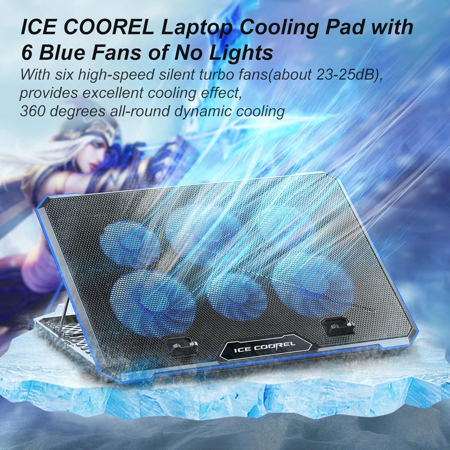 ICE COOREL Laptop Cooling Pad with 6 Cooling Fan, Laptop Cooler Fan with No Lights, Cooling pad for Laptop 15-17 Inches, Notebook Cooler Stand with 9 Height Adjustable, Cooler Pad for Lap or Desk Use - Image 2