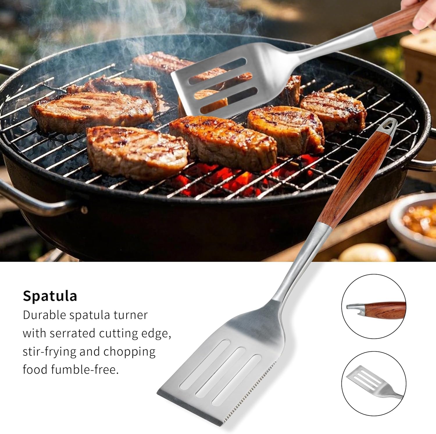 FJNATINH Heavy-Duty Grilling Accessories Rose Wooden BBQ Grilling Tools Set,Outdoor Grill Set with Spatula, Fork, Brush & Tongs,Essential Accessories for Barbecue & Grill. Ideal Gift for Men - Image 3
