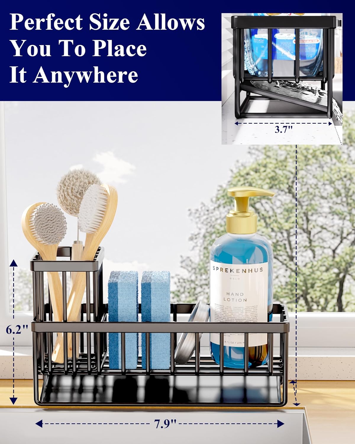 Kitsure Sponge Holder for Kitchen Sink - Rustproof Stainless Steel Sink Caddy Organization and Storage Essentials with High Brush Holder, Home Decor Accessories, 7.9" x 3.7" x 6.2", Black - Image 2