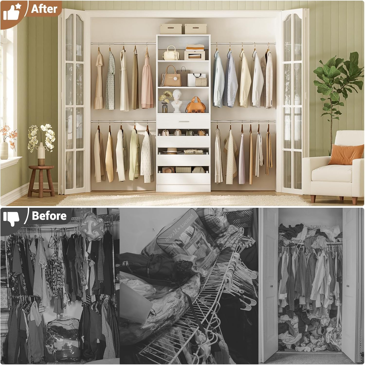 Aheaplus Closet System, 4-9Ft Closet Organizer with 4 Wooden Drawers, Wood Closet Organizer System with Tower, Walk-in Closet Organizer Wardrobe Clothes Rack with 4 Hanging Rods, Garment Rack, White - Image 6