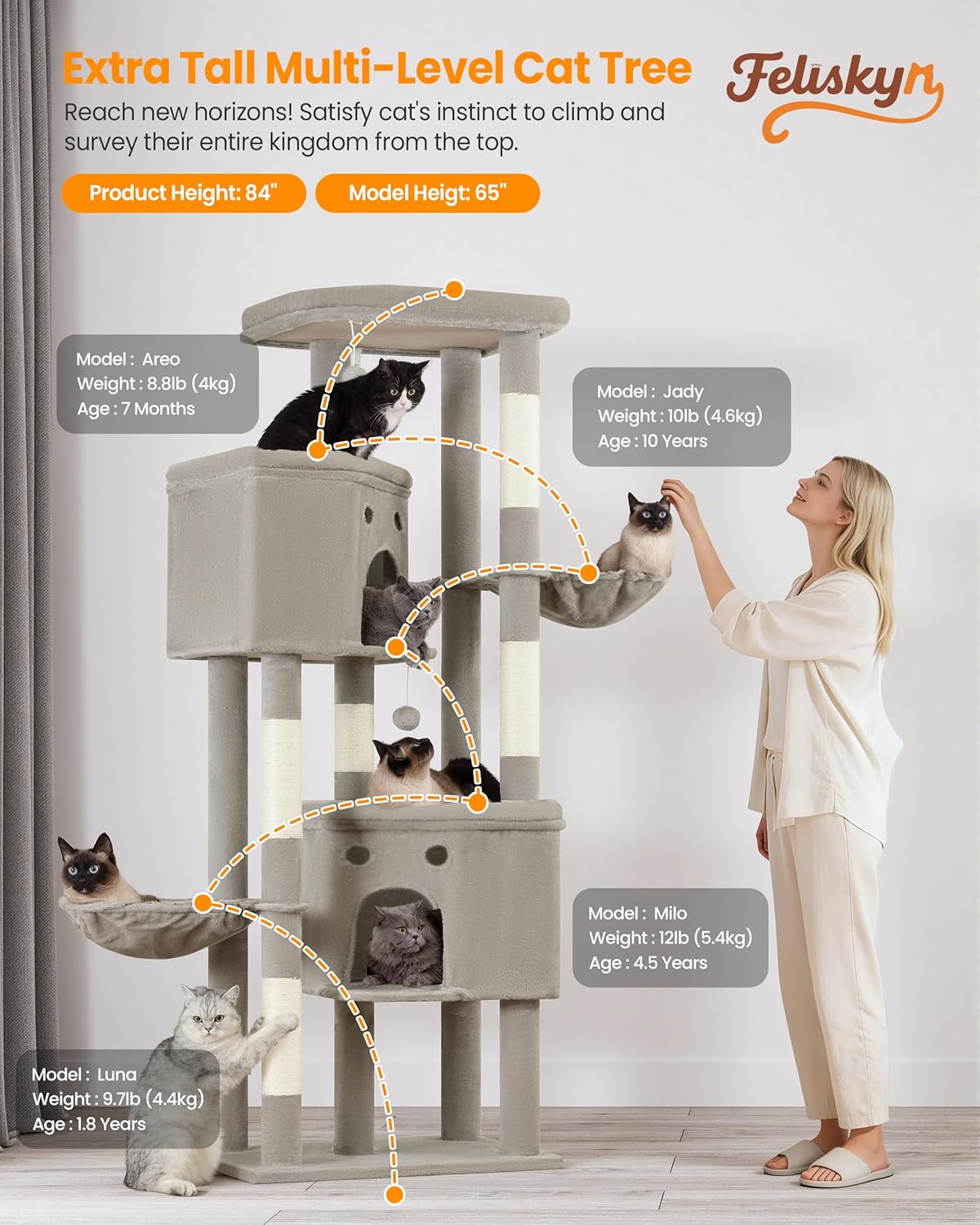 Extra Large Cat Tree, 84 Inch XXL Giant Cat Tower for Indoor Cats Large Adult 20lb+, Multi-Level Cat Climbing Condo with 5 Scratching Posts, 3 Wide Platform Perches, 2 Baskets, 2 Cat Caves, Light Grey - Image 7