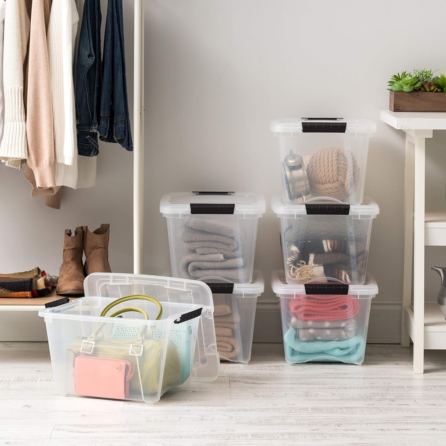 IRIS USA 19 QT Plastic Storage Box with Lid and Latches - 6 Pack - BPA-Free, See-Through Organizing Solution, Durable Nestable Stackable Containers, Secure Pull Handle - Clear - Image 5