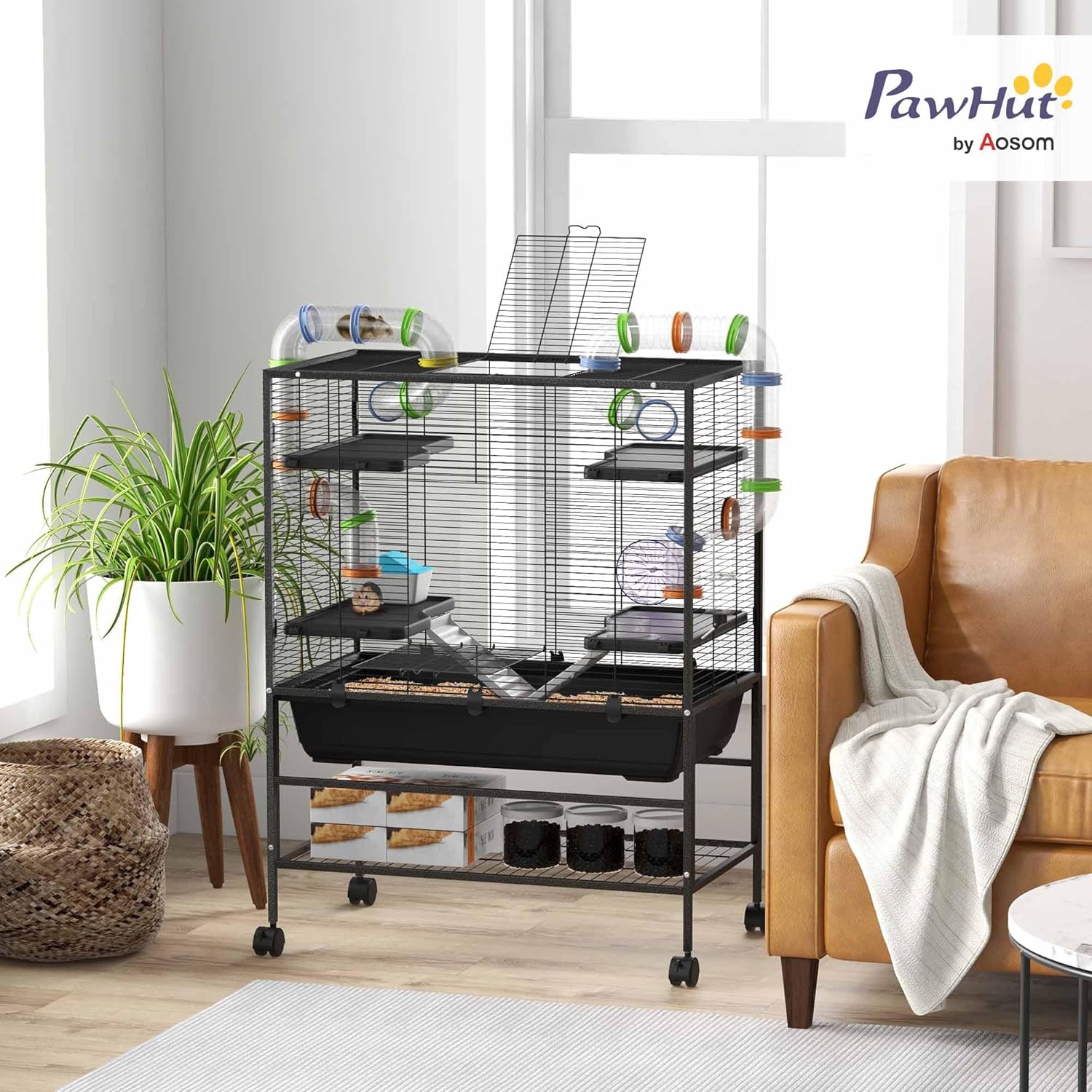 PawHut 32" Large Hamster Cage with Storage Shelf, Rat Cage for Syrian Hamster, Gerbils, with Tubes, Running Wheel, Food Dish, Water Bottle - Image 2