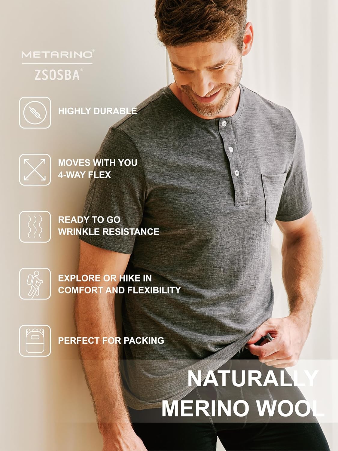 METARINO Men's Merino Wool Henley T-Shirt Short Sleeve Button Casual Shirts Athletic Tee Shirt Tops - Image 4